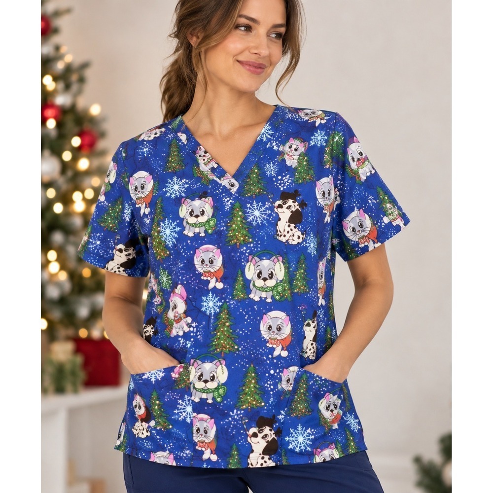 GT Performance Christmas Scrub Top L NWT Cats Dogs Holiday Nurse Vet Blue